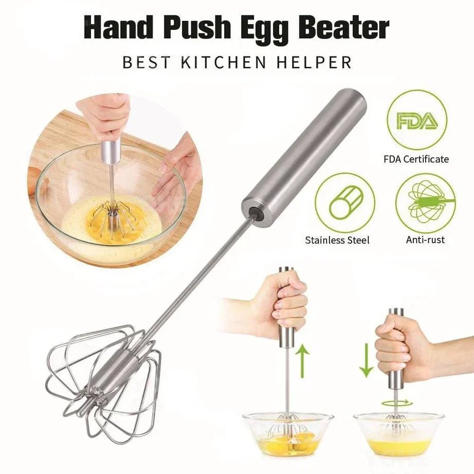 🔥🔥SEMI Automatic Stainless Steel Hand Pressure Rotating Whisk Mixer Egg Beater - Denna