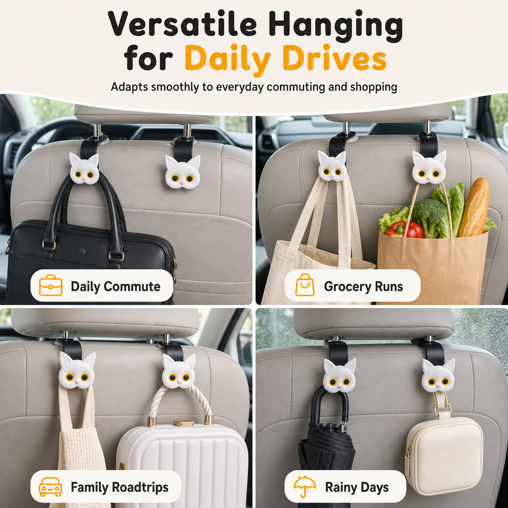 📢📢50% OFF !! ⏰Universal Cartoon Cat Car Seat Headrest Hook Backseat Organizer Hanger for Vehicle Storage