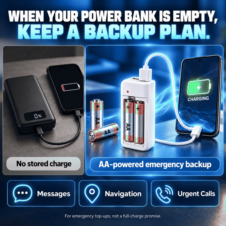 New Upgrade AA Battery Phone Charger – No outlet needed