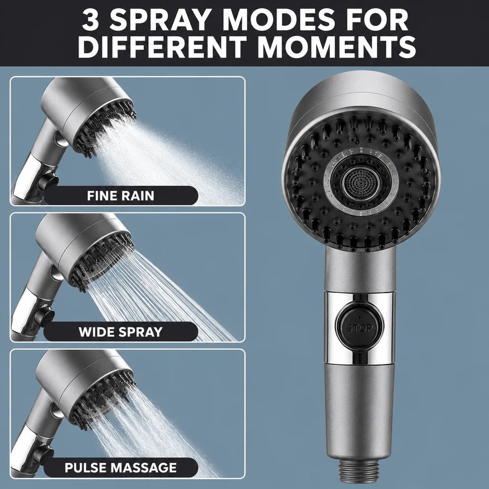 High-Pressure Filtered Shower Head | 3 Spray Modes + Water-Stop Button