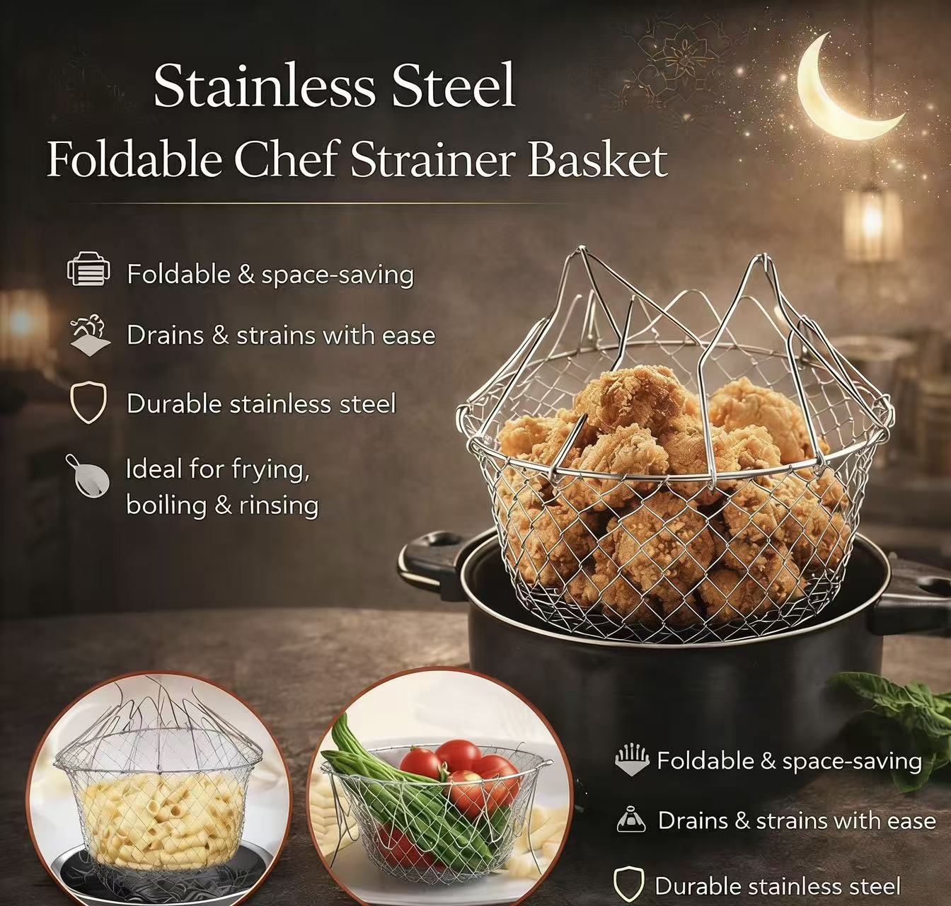 High-Quality Stainless Steel Foldable Chef Basket