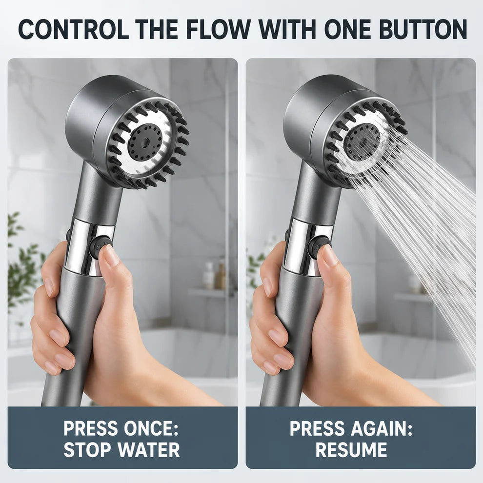 High-Pressure Filtered Shower Head | 3 Spray Modes + Water-Stop Button