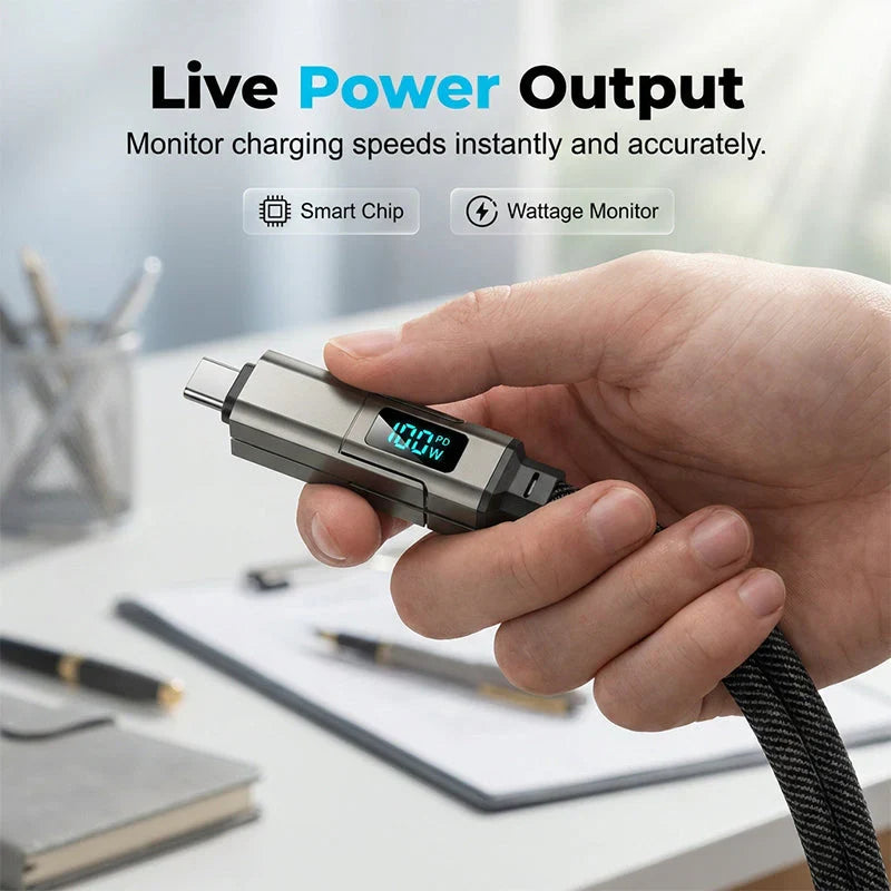 🔌 4-in-1 Charging Cable with Digital Display & Keychain – Fast-Charging, Kink-Resistant & Compact